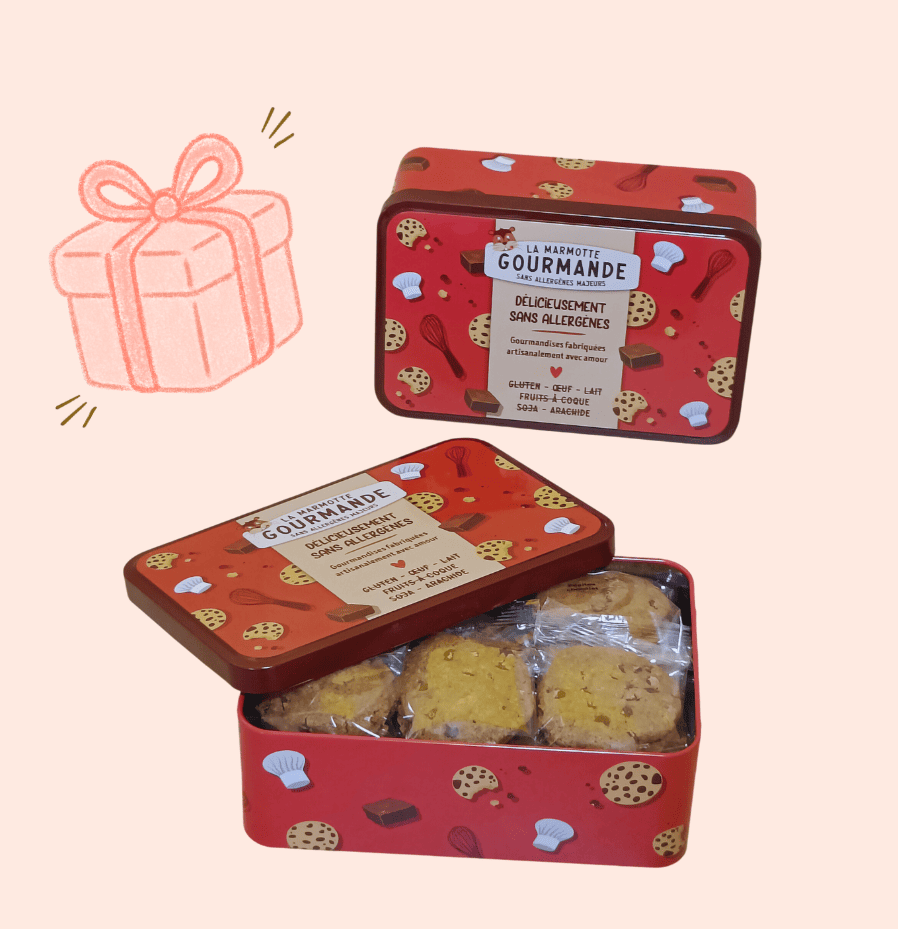 Boîte métal cookies pépites chocolat sans gluten sans allergènes cadeau
